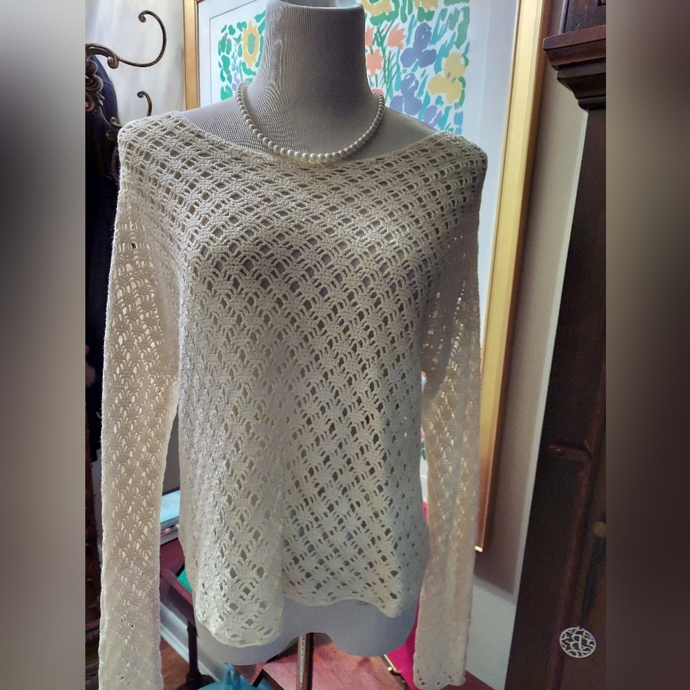 Cropped Crochet Sweater Top Open Weave Y2K